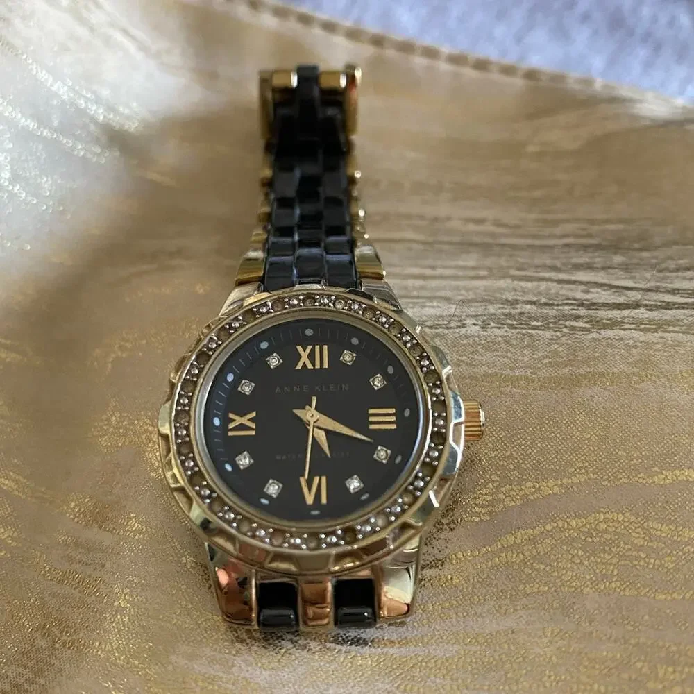 Anne Klein 10/9456 Two-Tone Gold & Black Ceramic Watch with Swarovski Crystals